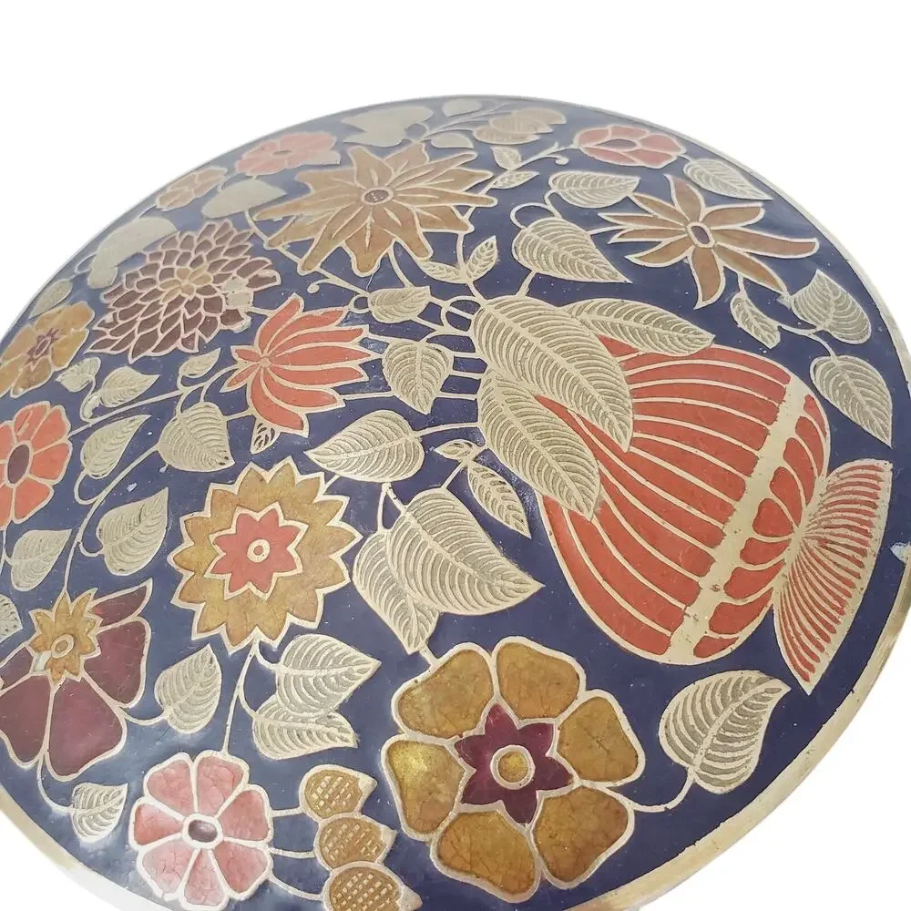 Vintage Floral Cloisonné Enamel Brass Round Lidded Trinket Box Canister Decor